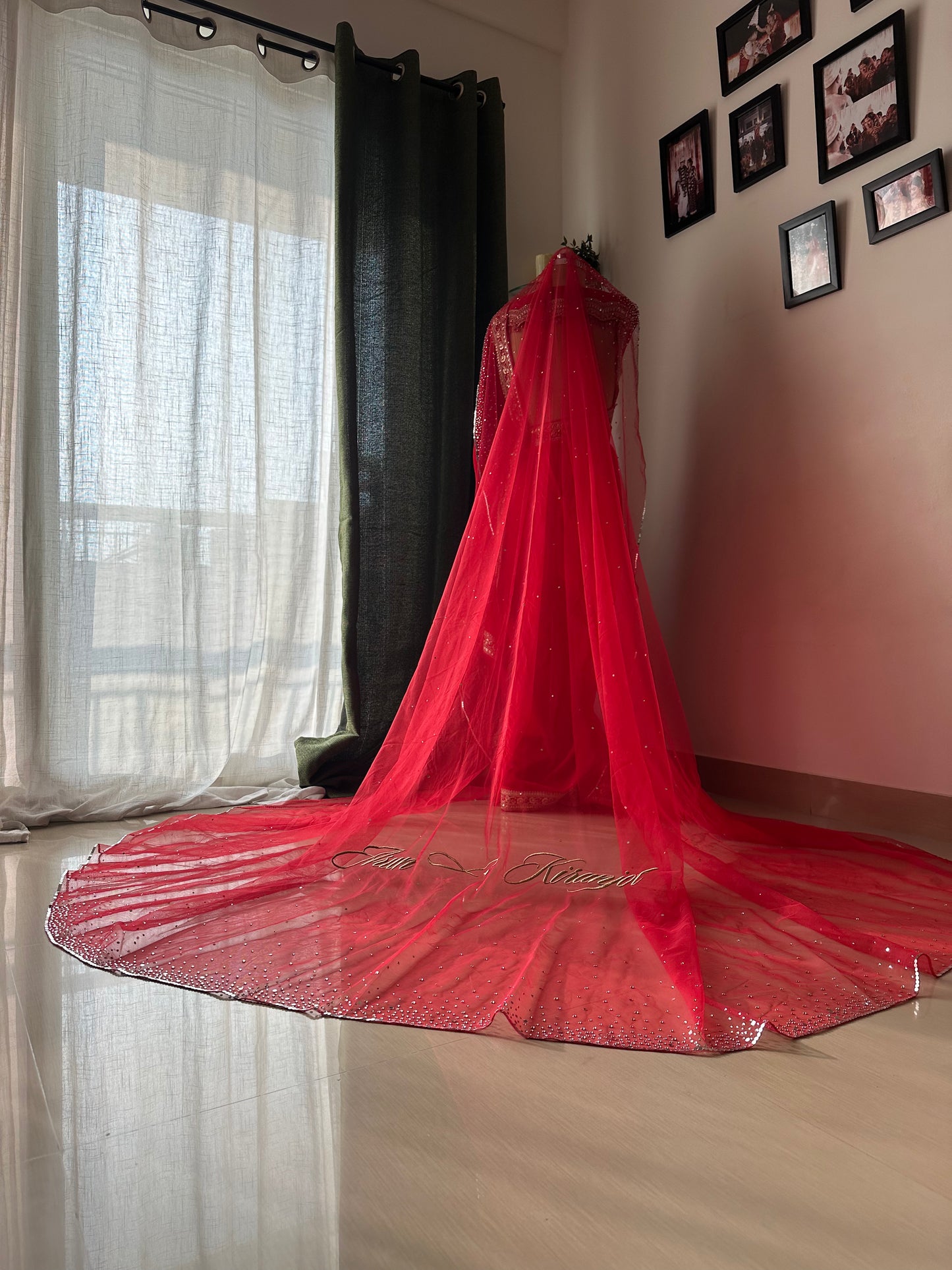 Stardust — A Red Hand-Studded Mirrored Bridal Veil with Ombre Embellishments