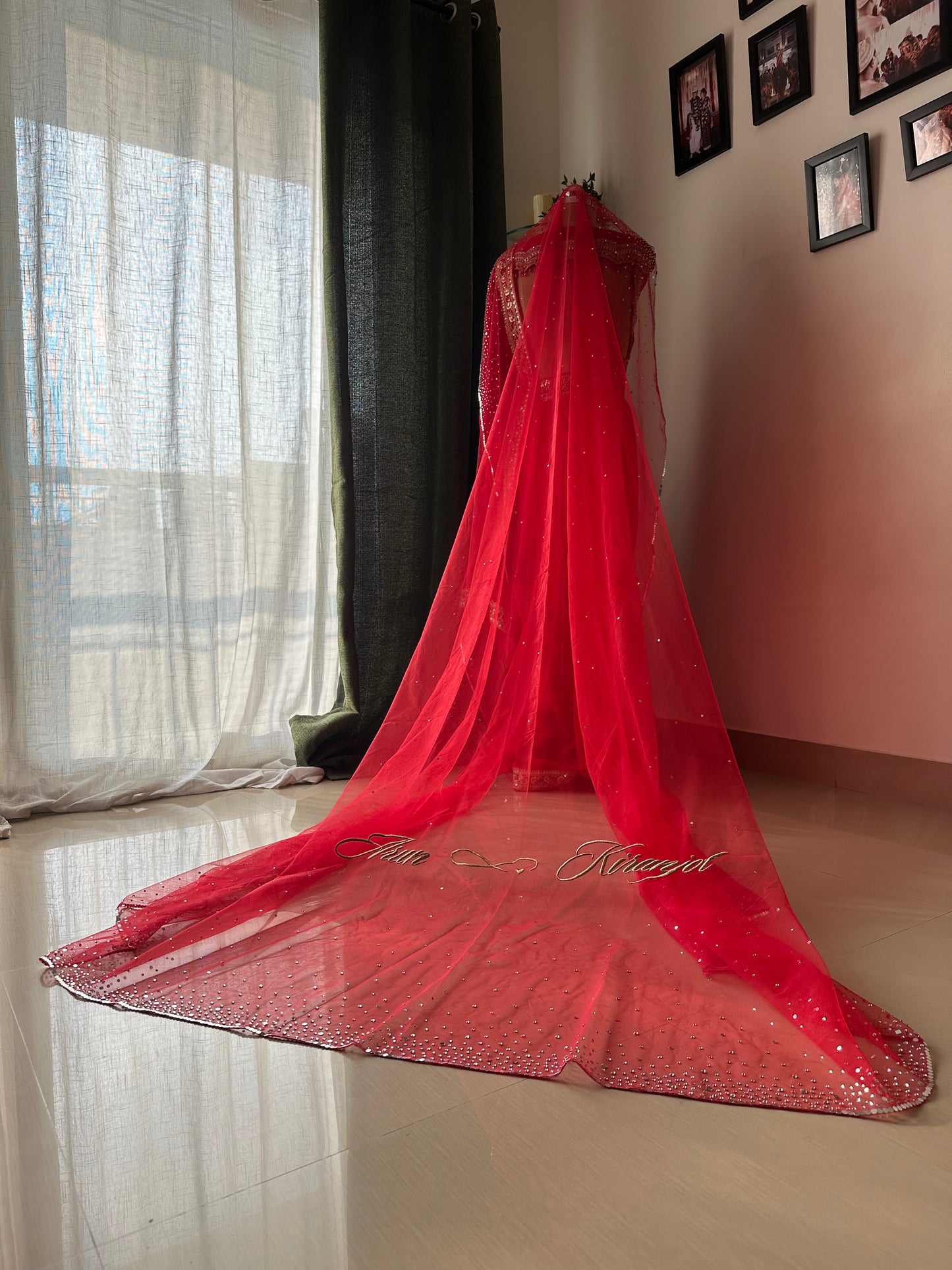 Stardust — A Red Hand-Studded Mirrored Bridal Veil with Ombre Embellishments