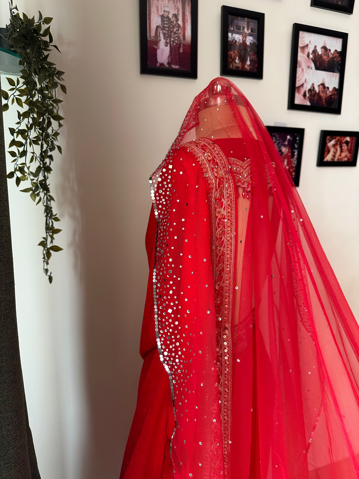 Stardust — A Red Hand-Studded Mirrored Bridal Veil with Ombre Embellishments