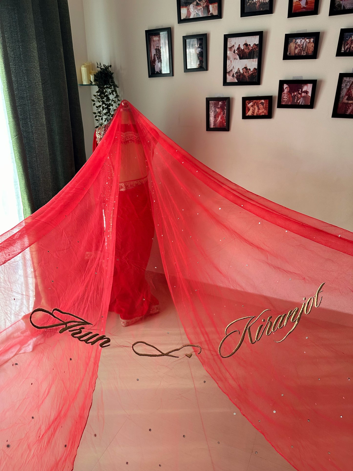 Stardust — A Red Hand-Studded Mirrored Bridal Veil with Ombre Embellishments