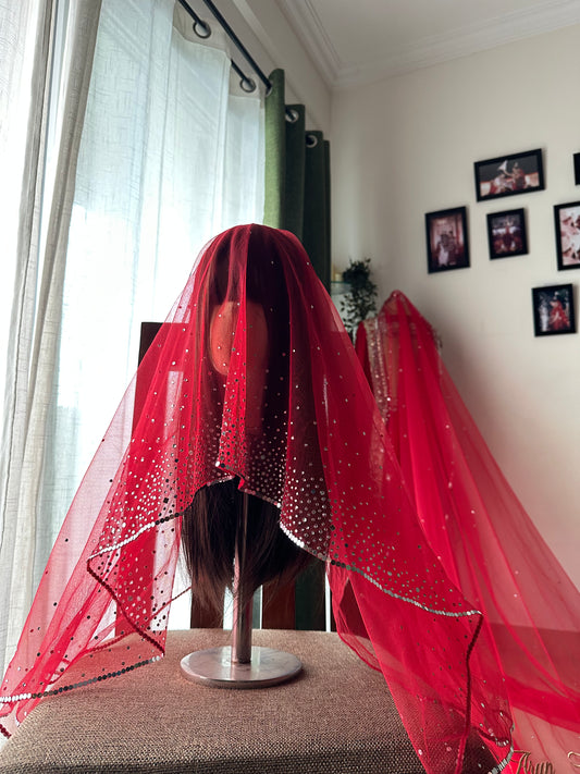 Stardust — A Red Hand-Studded Mirrored Bridal Veil with Ombre Embellishments