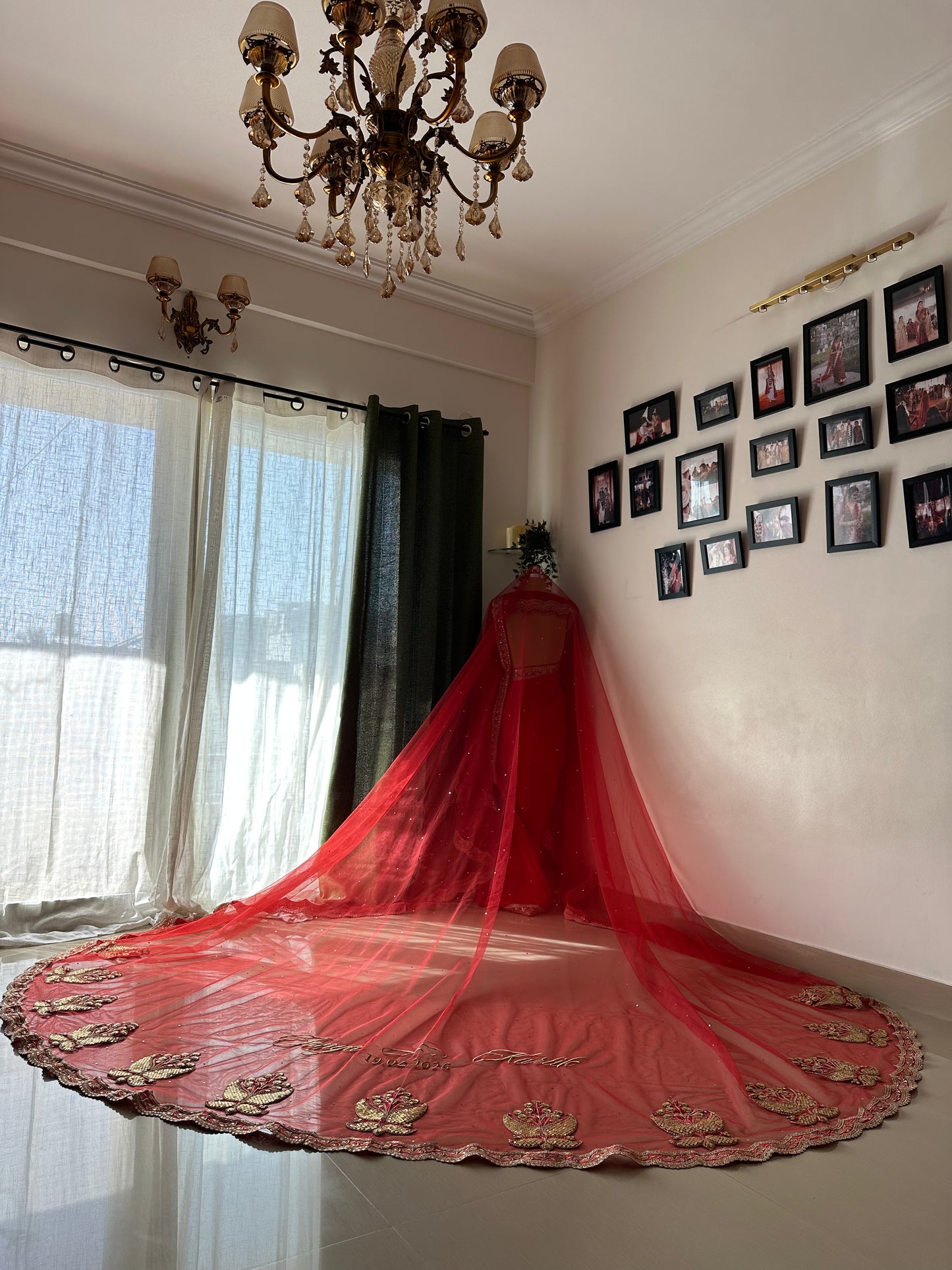 Royal affair : A Sabyasachi-Inspired Red Bridal Veil with Gold Sequins & Handcrafted Motifs