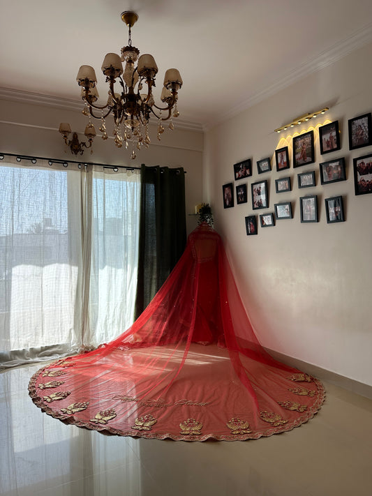 Royal affair : A Sabyasachi-Inspired Red Bridal Veil with Gold Sequins & Handcrafted Motifs