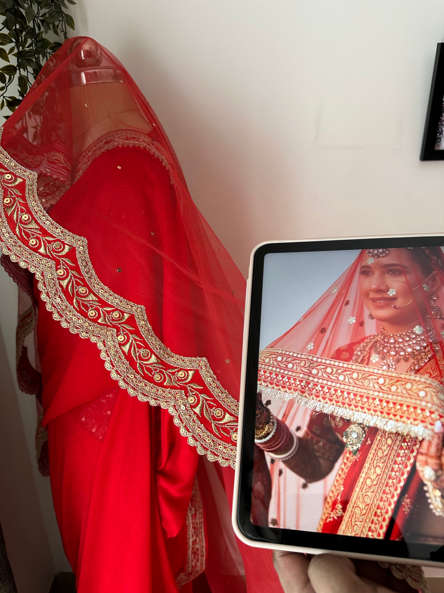 Royal affair : A Sabyasachi-Inspired Red Bridal Veil with Gold Sequins & Handcrafted Motifs