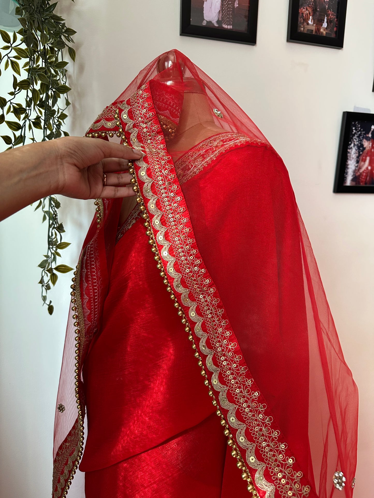 Agni : A Sabyasachi inspired border work with couple's name on cathedral length veil