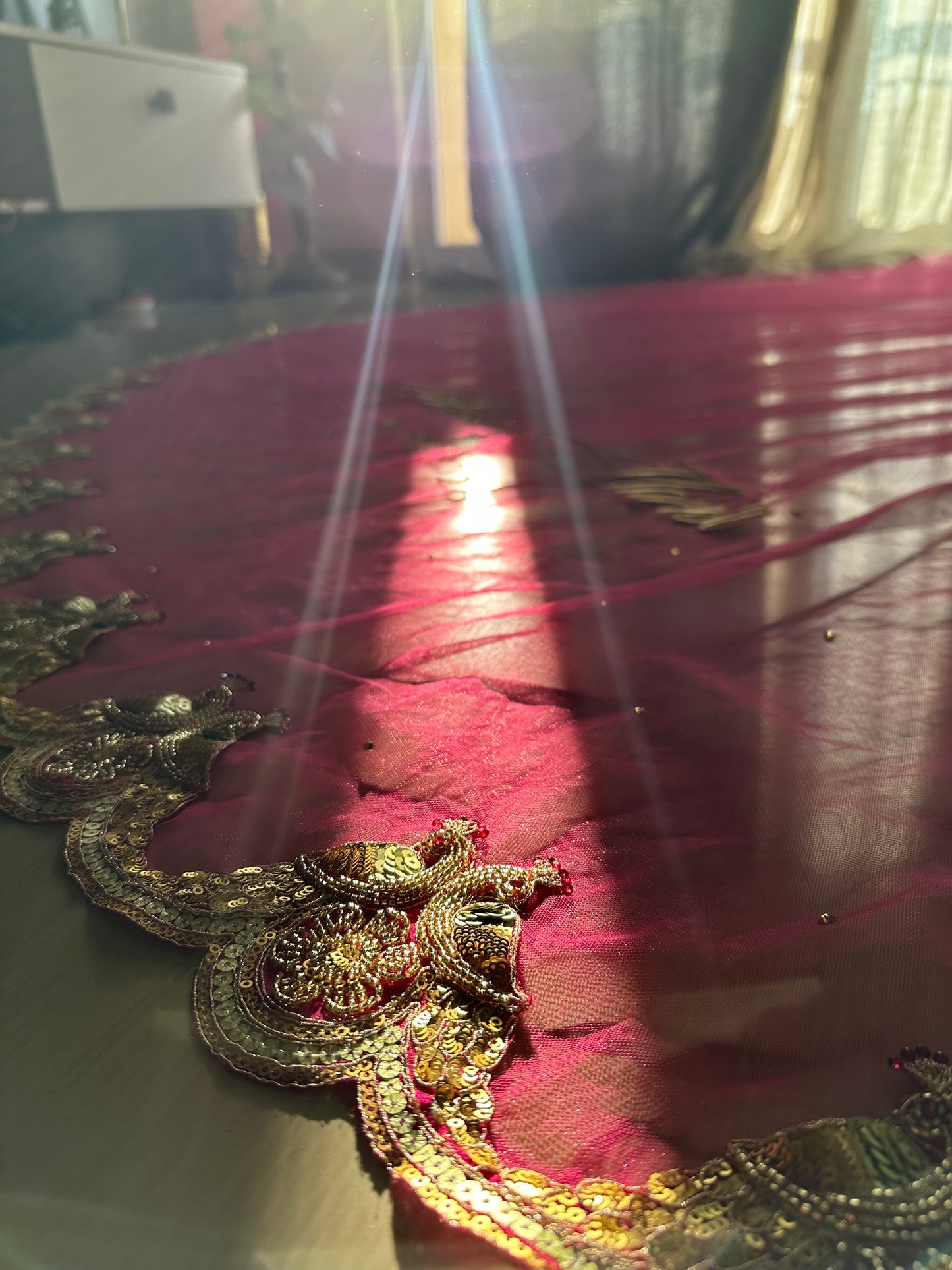 Peonique : A cathedral-length veil in a soft ombré pink, beaded peacock-inspired border