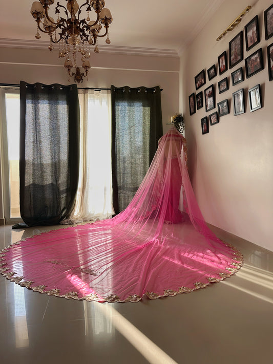 Peonique : A cathedral-length veil in a soft ombré pink, beaded peacock-inspired border