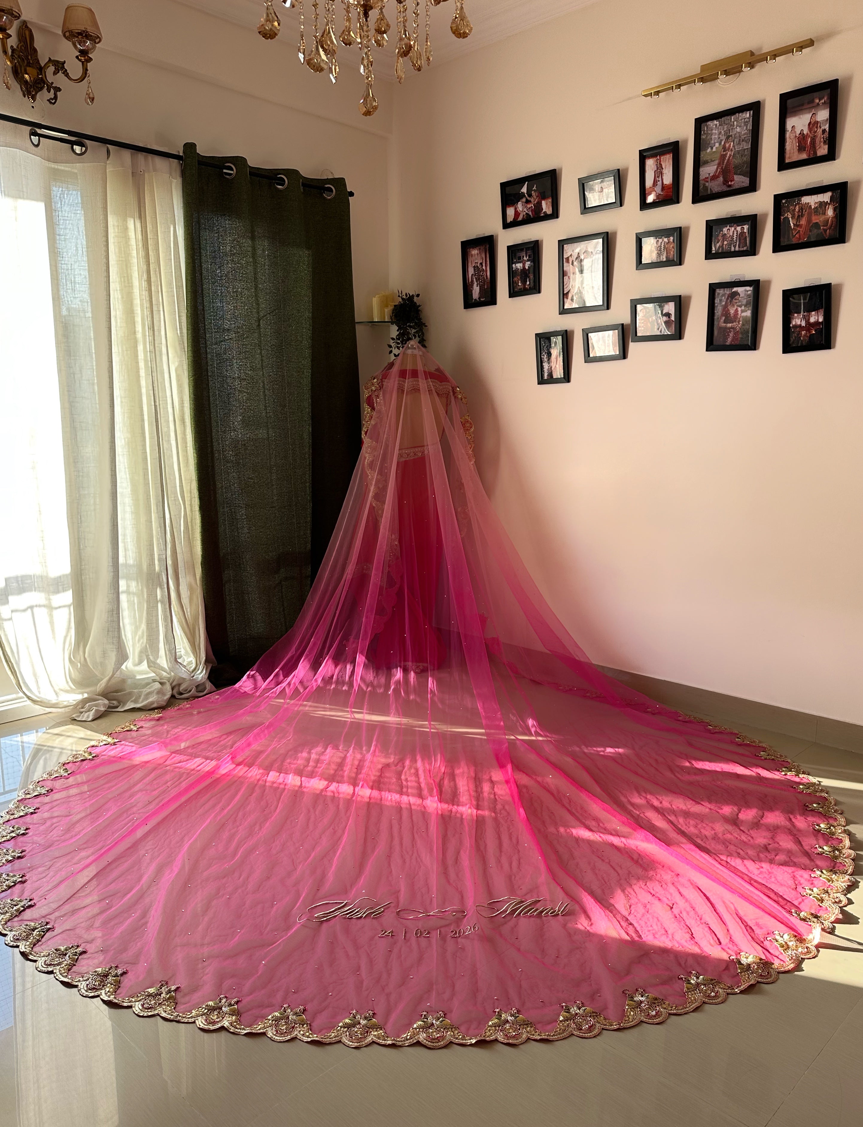 Peonique : A cathedral-length veil in a soft ombré pink, beaded