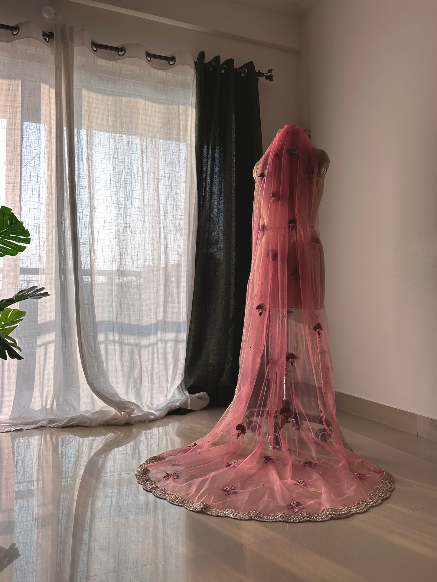Pink Parables: Pink Chapel Length Veil with Saree-Inspired Embroidery & Stone Work
