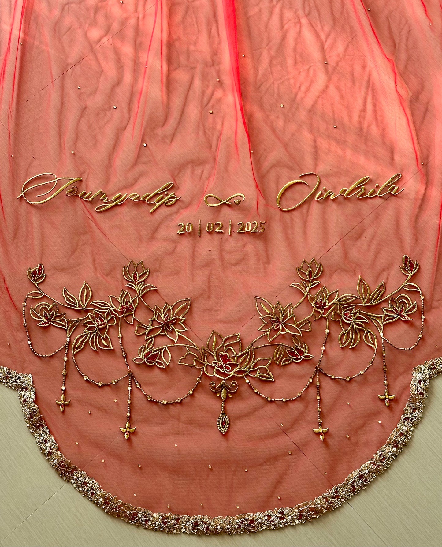 Crimson Bloom : Tri Petal-Cut Cathedral length with Floral embroidery on trail