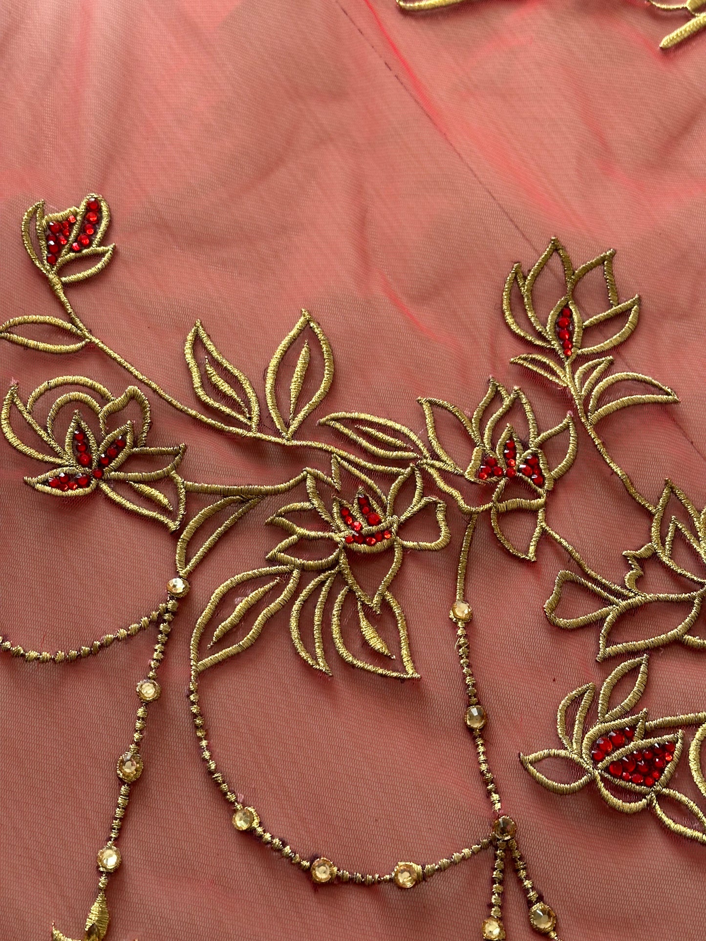 Crimson Bloom : Tri Petal-Cut Cathedral length with Floral embroidery on trail