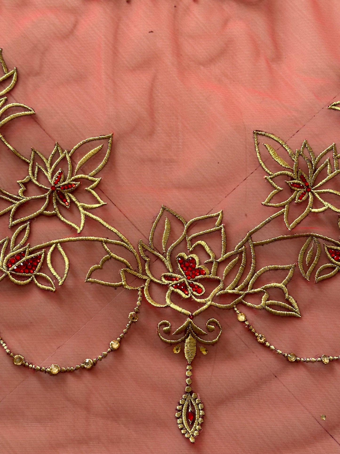 Crimson Bloom : Tri Petal-Cut Cathedral length with Floral embroidery on trail