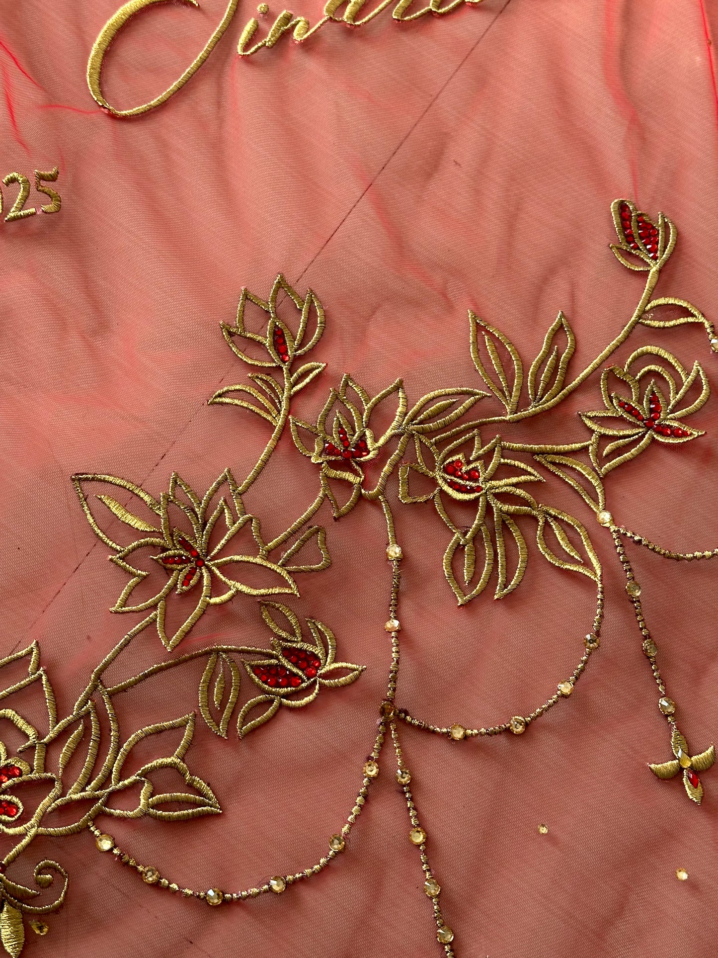 Crimson Bloom : Tri Petal-Cut Cathedral length with Floral embroidery on trail