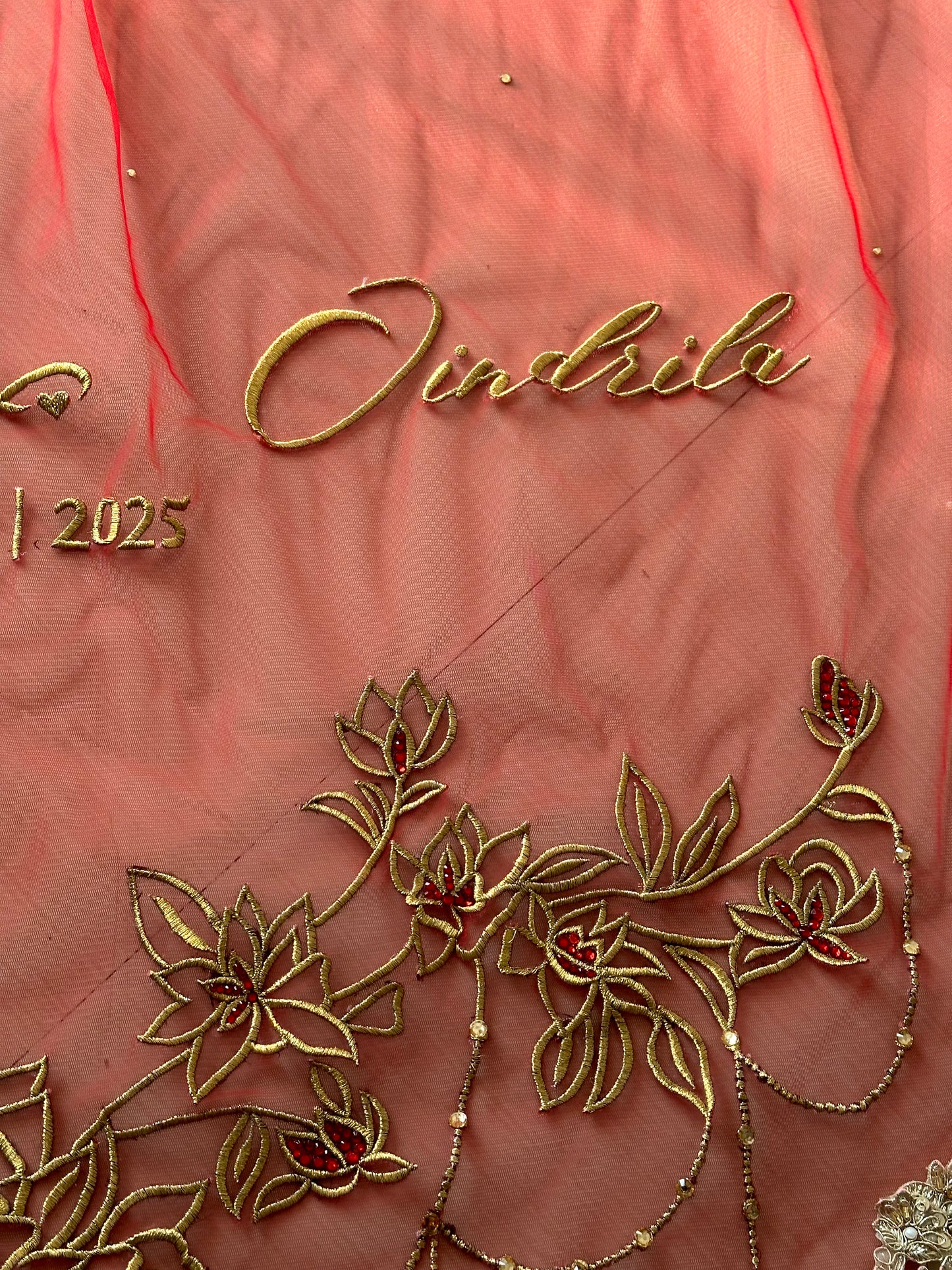 Crimson Bloom : Tri Petal-Cut Cathedral length with Floral embroidery on trail