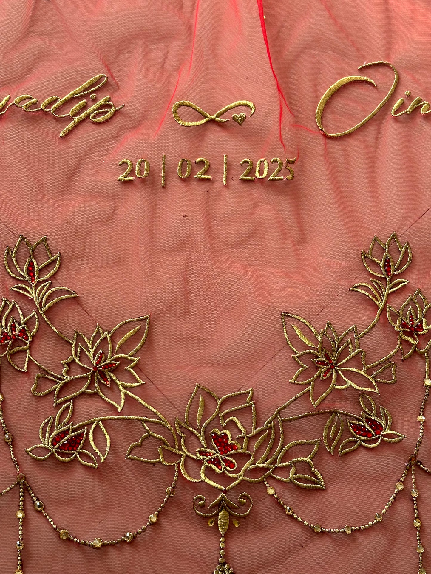 Crimson Bloom : Tri Petal-Cut Cathedral length with Floral embroidery on trail