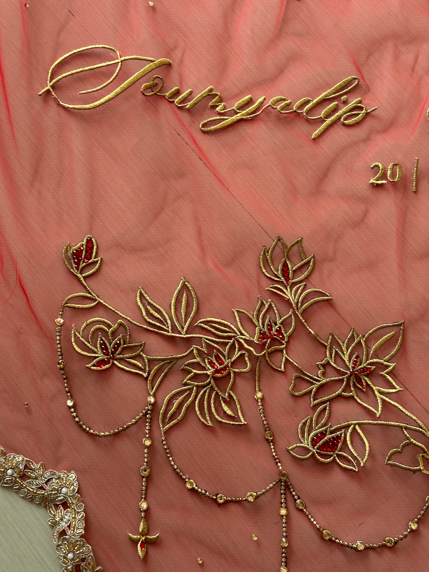 Crimson Bloom : Tri Petal-Cut Cathedral length with Floral embroidery on trail