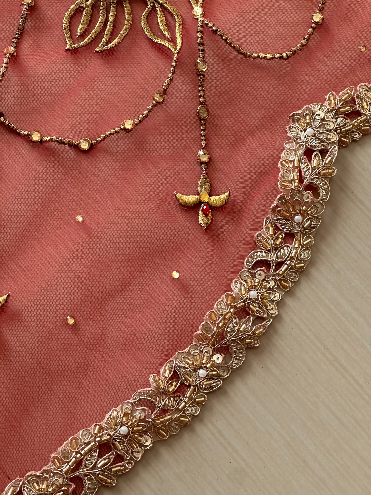 Crimson Bloom : Tri Petal-Cut Cathedral length with Floral embroidery on trail