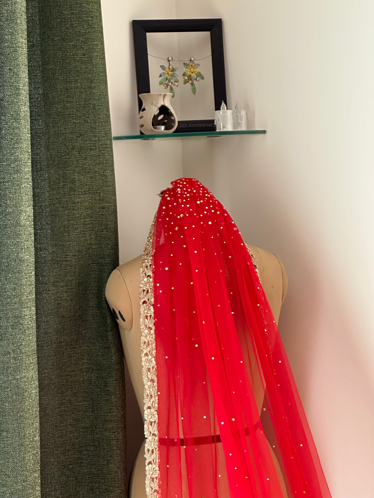 Crimson Bloom : Tri Petal-Cut Cathedral length with Floral embroidery on trail