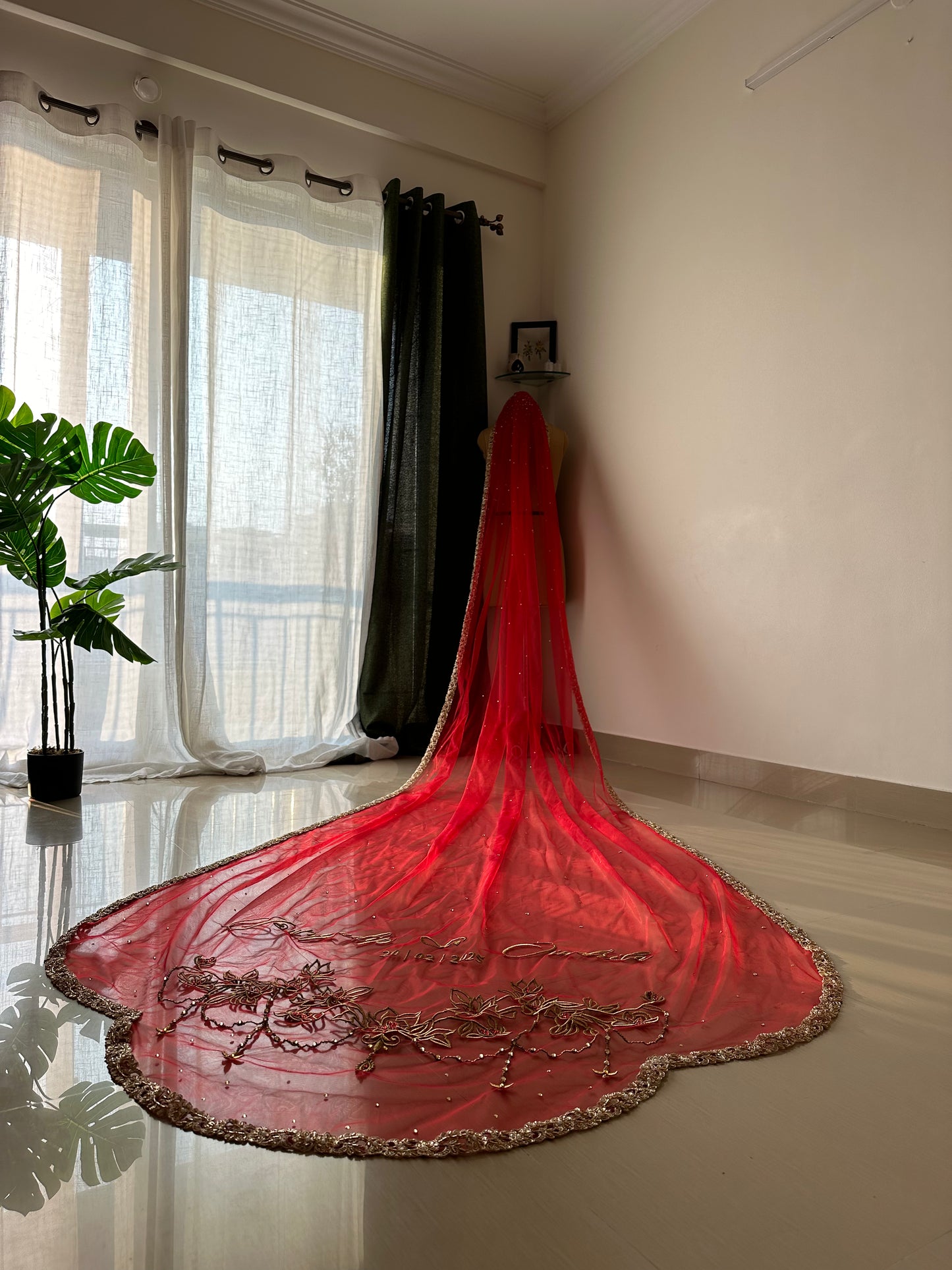 Crimson Bloom : Tri Petal-Cut Cathedral length with Floral embroidery on trail