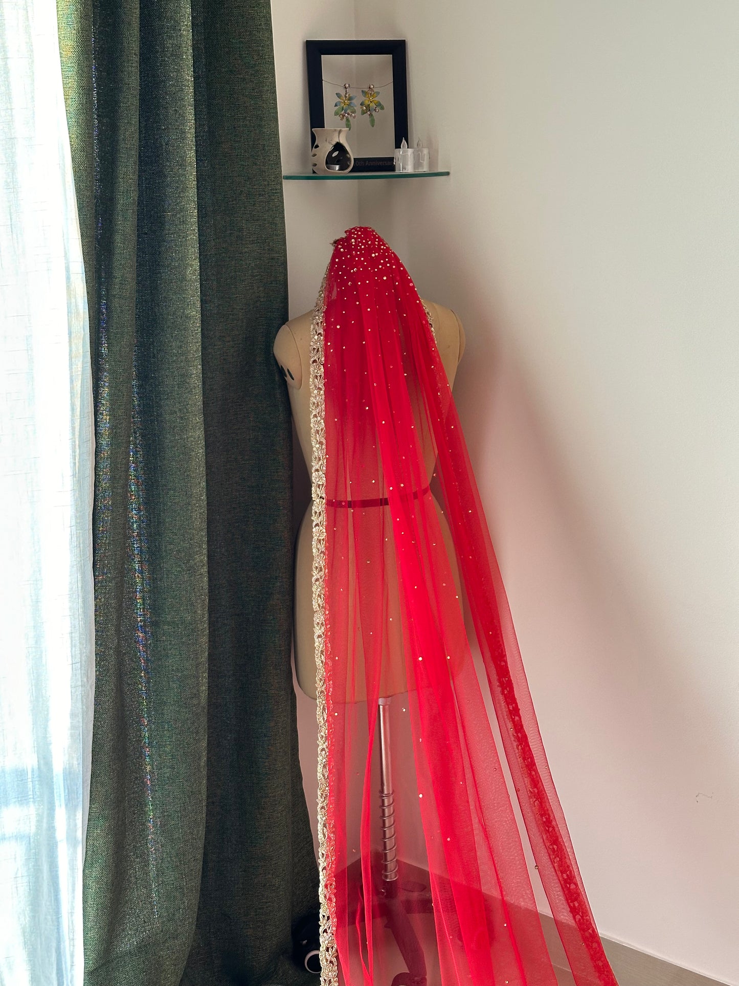 Crimson Bloom : Tri Petal-Cut Cathedral length with Floral embroidery on trail