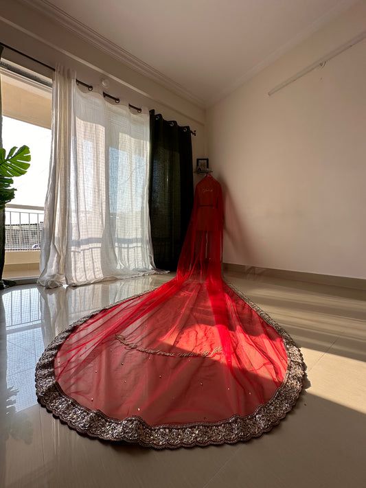 Raabta : Red Tulle Face-Cover Veil with Zircon Embellishments & Personalized Quote