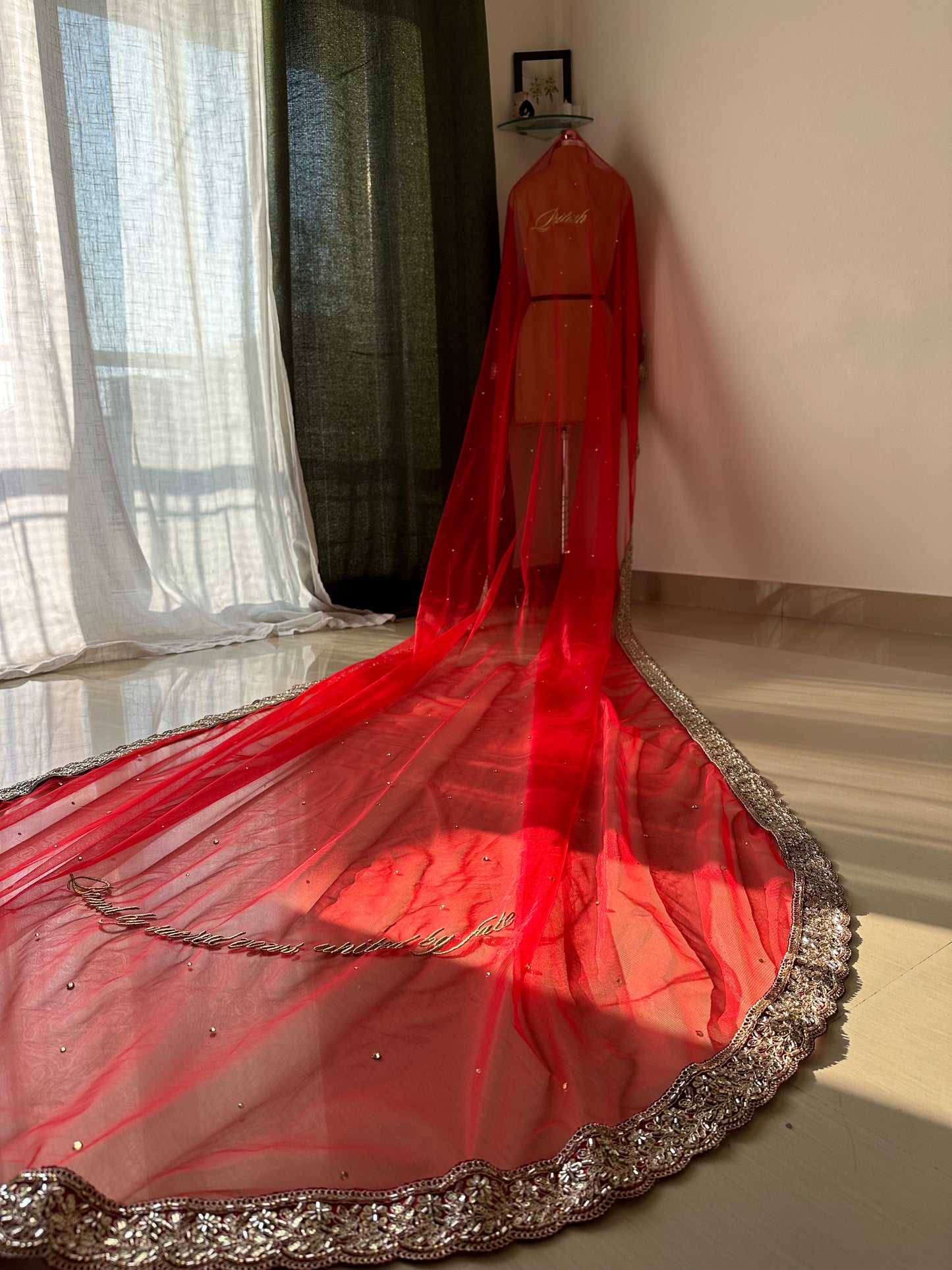 Raabta : Red Tulle Face-Cover Veil with Zircon Embellishments & Personalized Quote