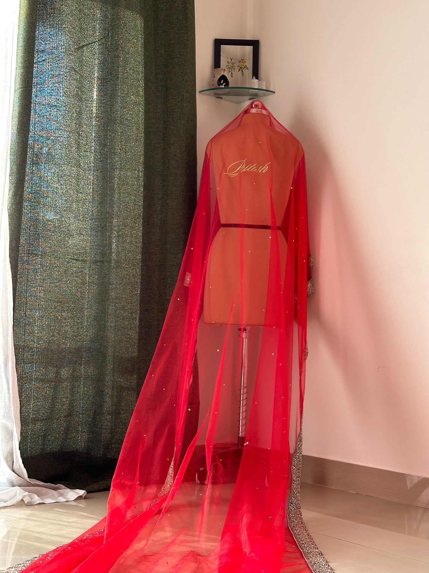 Raabta : Red Tulle Face-Cover Veil with Zircon Embellishments & Personalized Quote