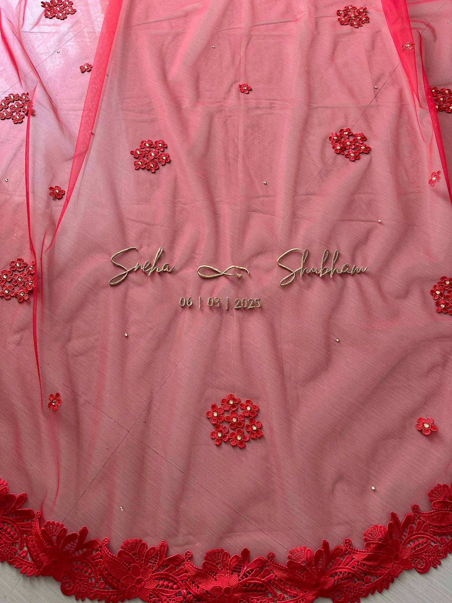 Ever Thine – Romantic Red Veil with Bride & Groom Names in Custom Embroidery