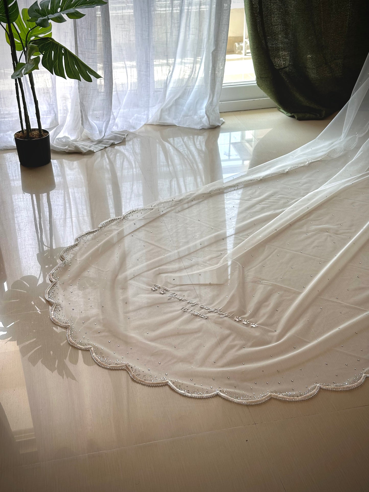 Whisper of Whiskers – Scalloped Cathedral Veil with Ombré Stones & Custom Dog Detail