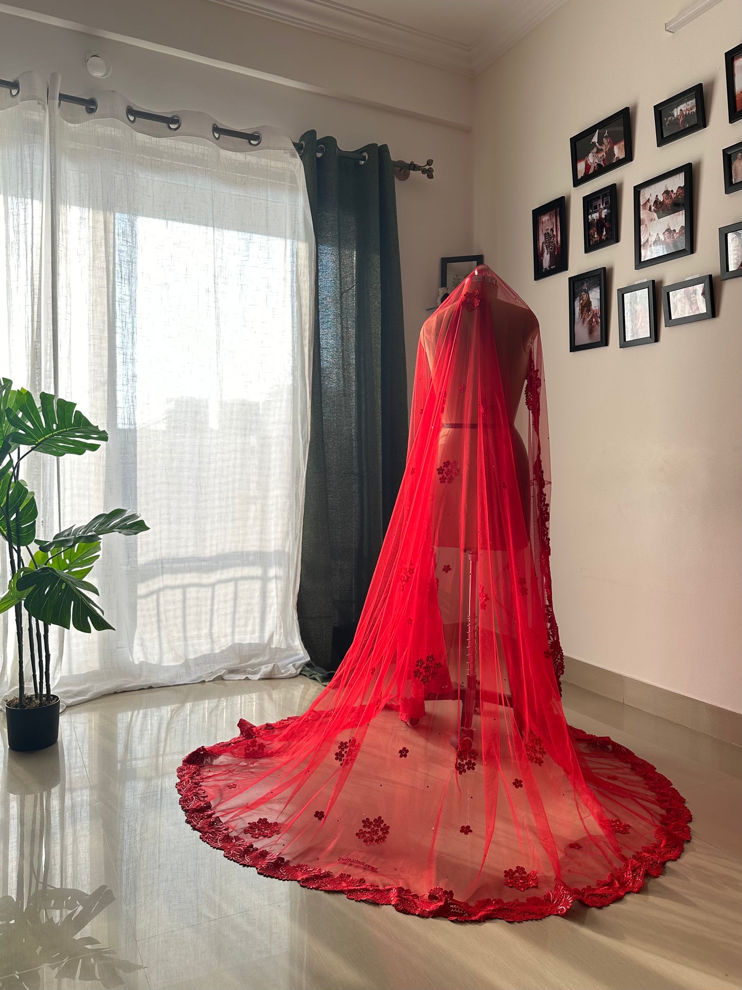 Crimson Tale : Chapel Length Monochrome Red Veil with Hashtag Personalisation