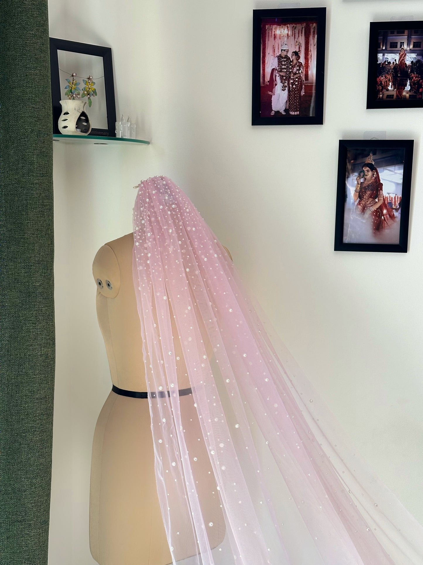The Rosabelle Veil – Victorian-Inspired Pink Cathedral Veil with handcrafted Ombré Pearls & Crystals