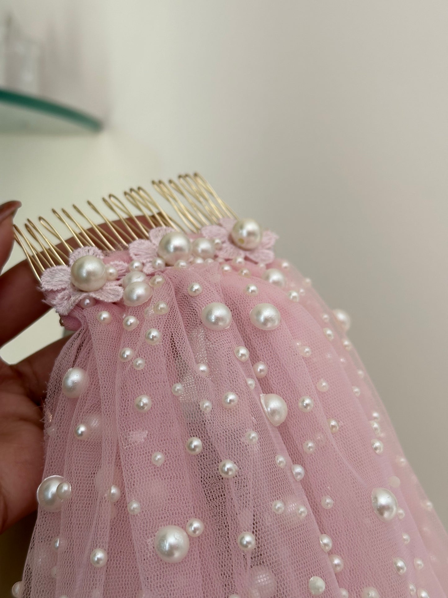 The Rosabelle Veil – Victorian-Inspired Pink Cathedral Veil with handcrafted Ombré Pearls & Crystals