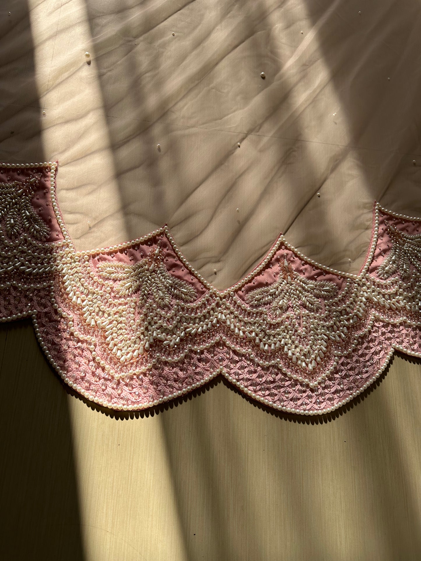 The Rosabelle Veil – Victorian-Inspired Pink Cathedral Veil with handcrafted Ombré Pearls & Crystals