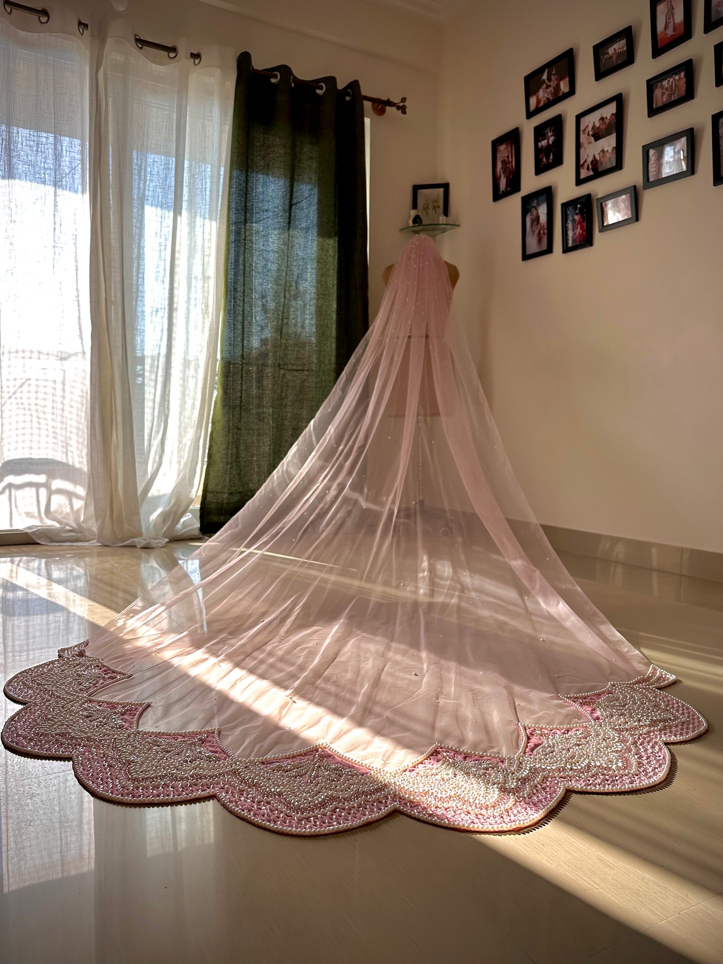The Rosabelle Veil – Victorian-Inspired Pink Cathedral Veil with handcrafted Ombré Pearls & Crystals