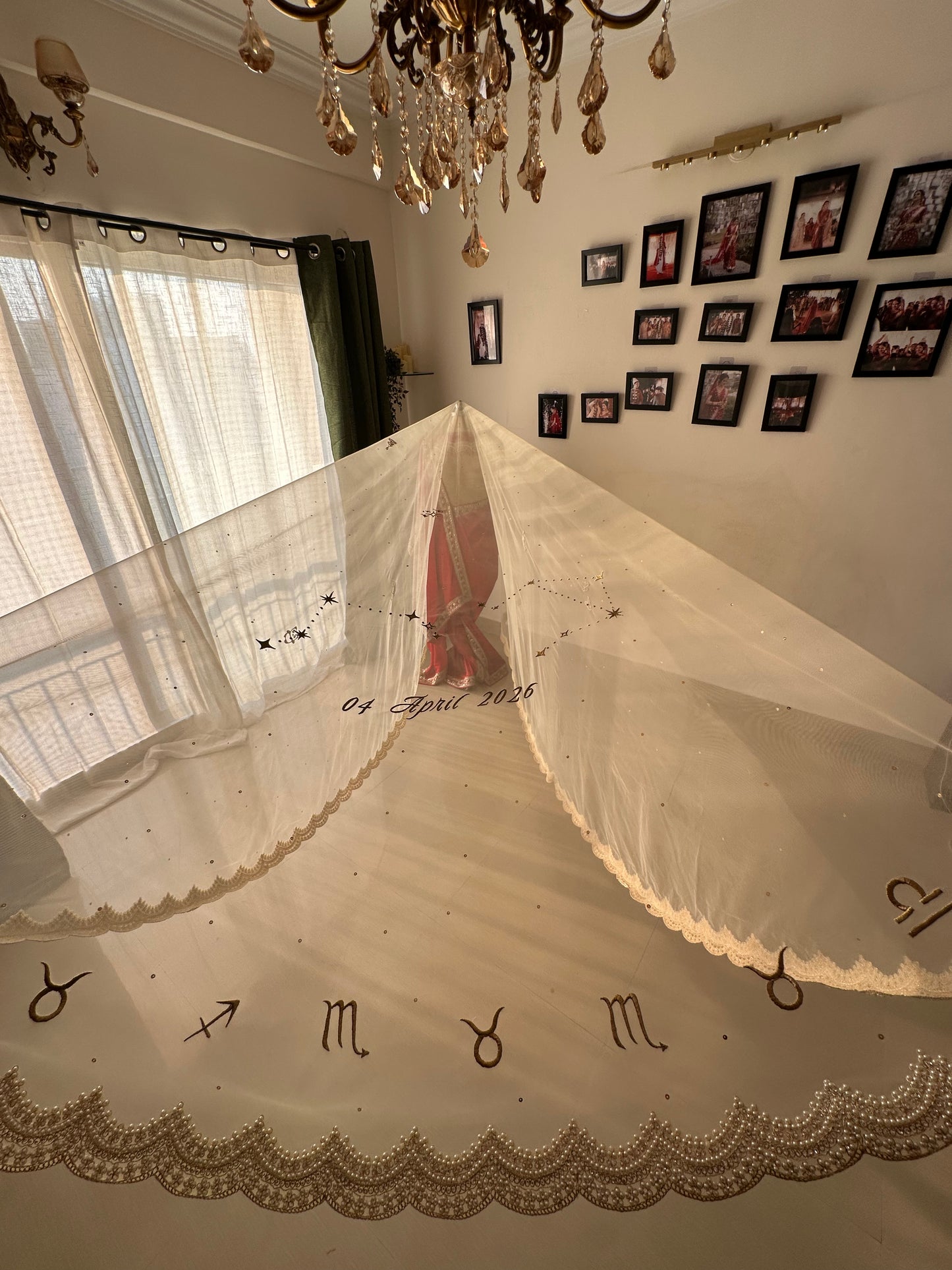 Memory Trail : Personalised Zodiac Ivory Cathedral Veil with Storytelling Embroidery