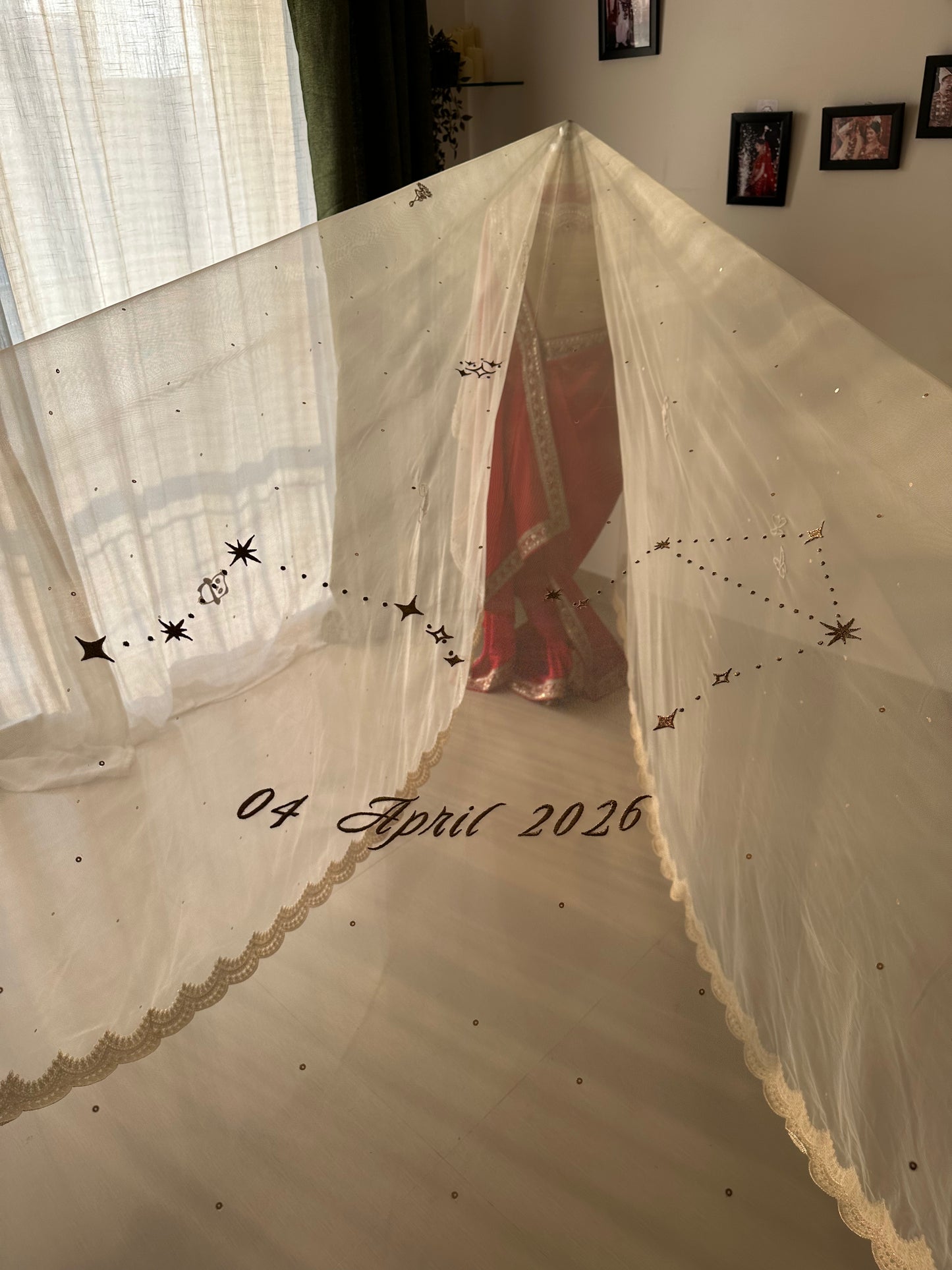 Memory Trail : Personalised Zodiac Ivory Cathedral Veil with Storytelling Embroidery