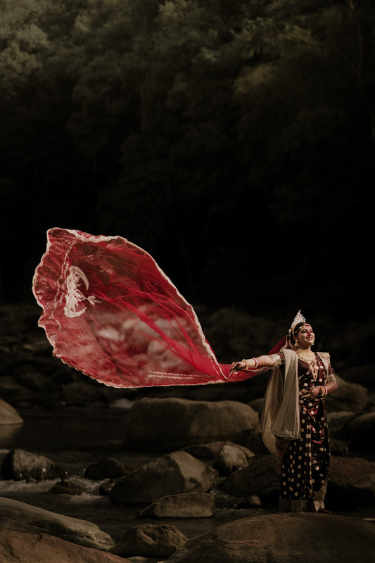 Celestial Bloom- Burgundy Custom Bridal Veil with Embroidered Lotus-Moon, Names & Blessings