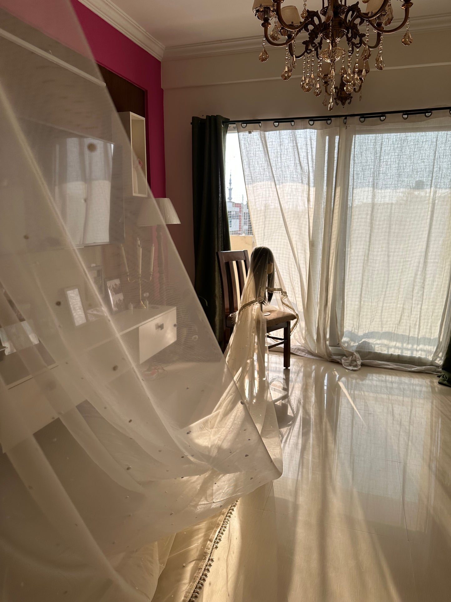 Pearly : Luxury Ivory White Face Cover Bridal Veil with Pearl Floral Border | 5 Metre Cathedral Veil