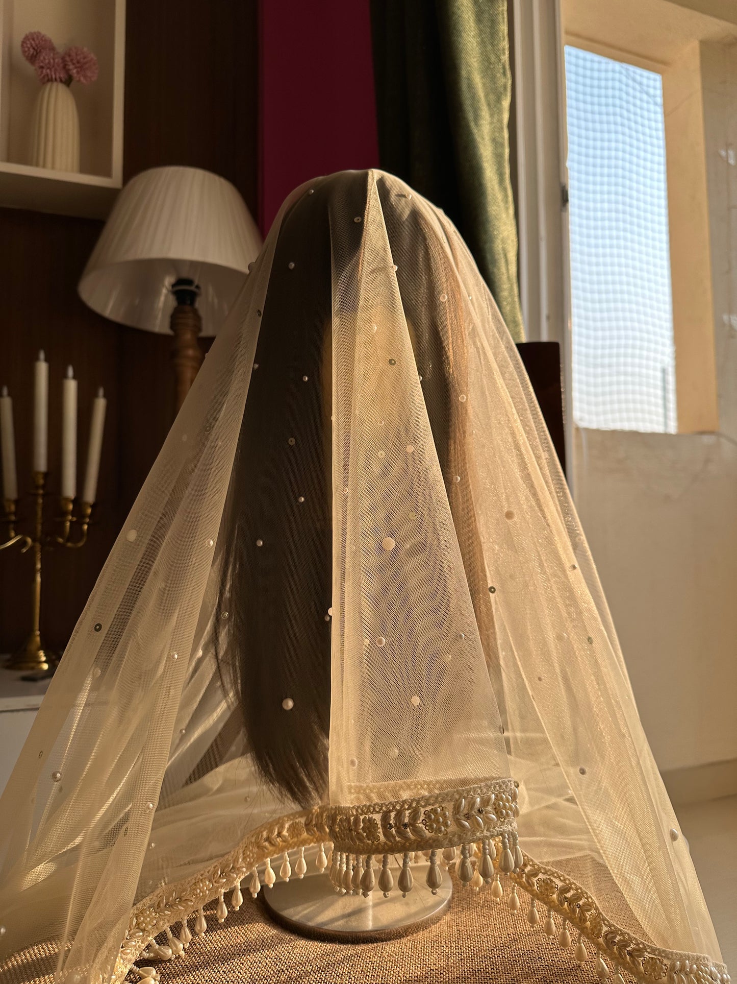 Pearly : Luxury Ivory White Face Cover Bridal Veil with Pearl Floral Border | 5 Metre Cathedral Veil