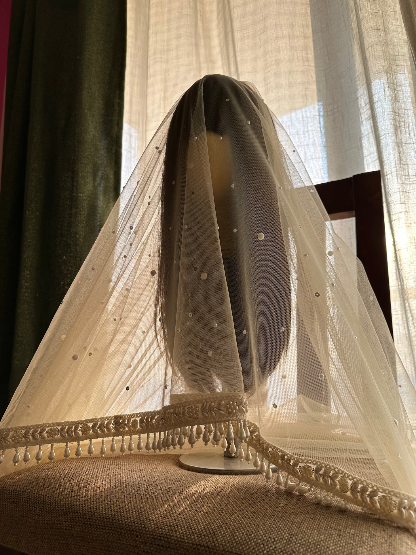 Pearly : Luxury Ivory White Face Cover Bridal Veil with Pearl Floral Border | 5 Metre Cathedral Veil