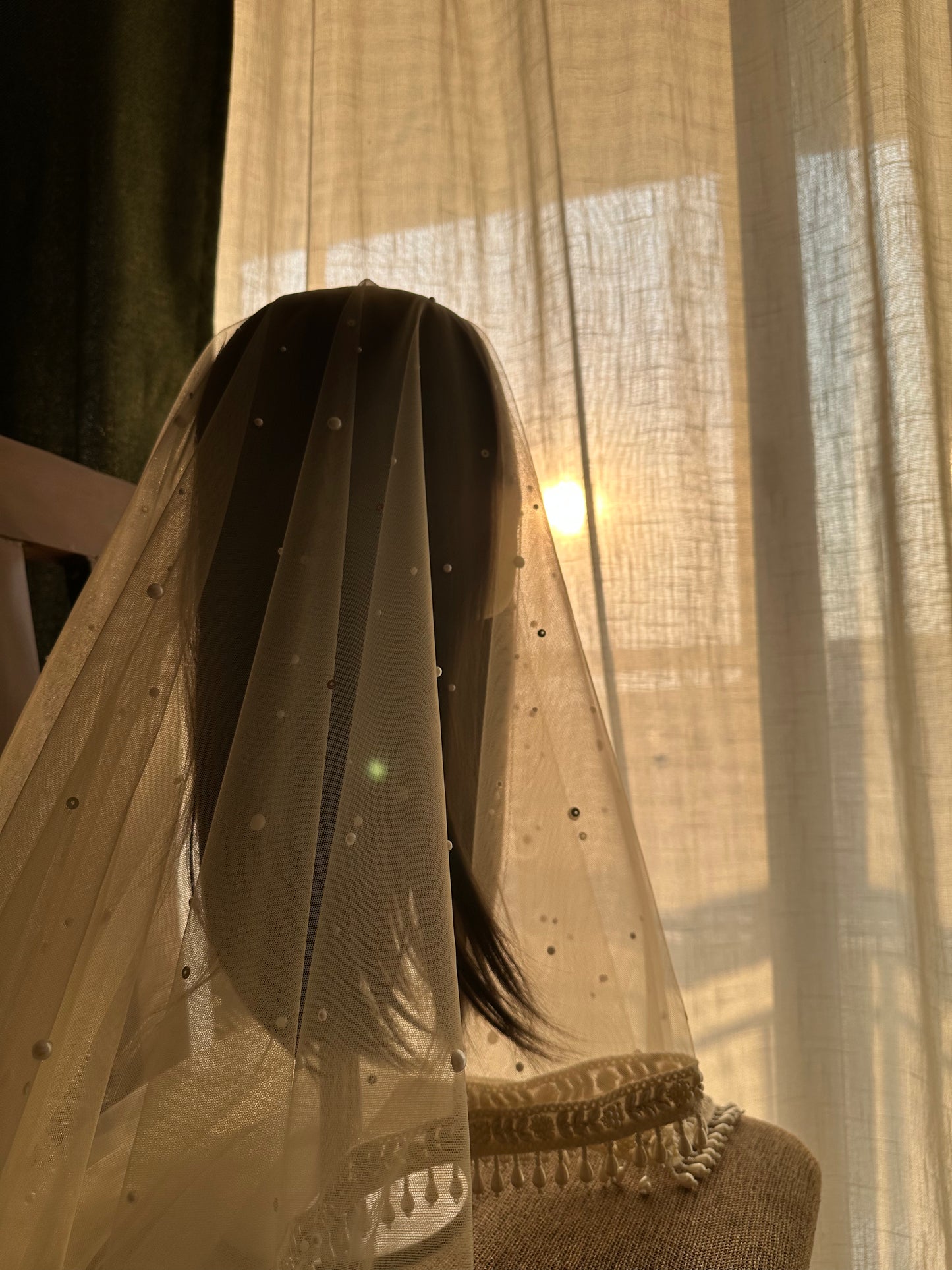 Pearly : Luxury Ivory White Face Cover Bridal Veil with Pearl Floral Border | 5 Metre Cathedral Veil