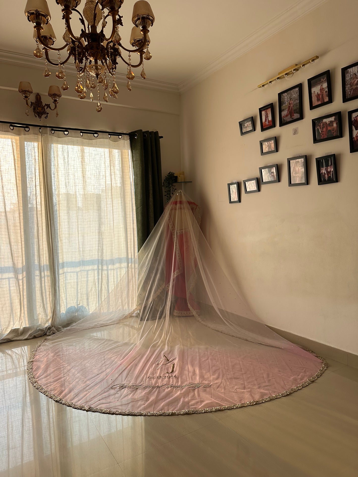 Rosette : An Ombre Blush pink Chapel length Veil with Initials & Quote