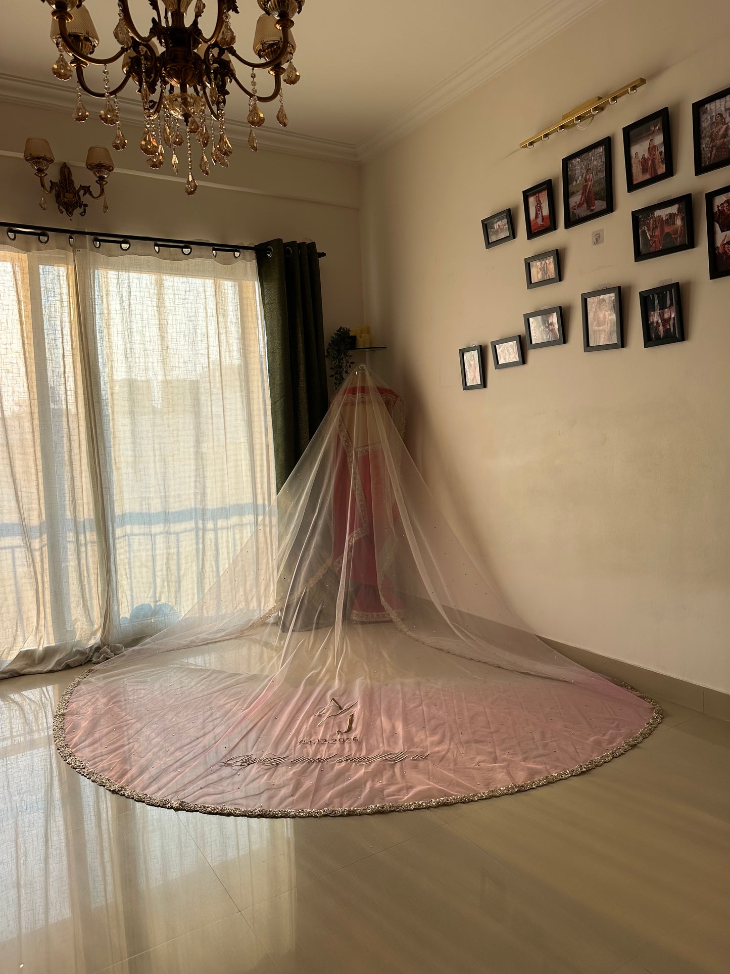 Rosette : An Ombre Blush pink Chapel length Veil with Initials & Quote