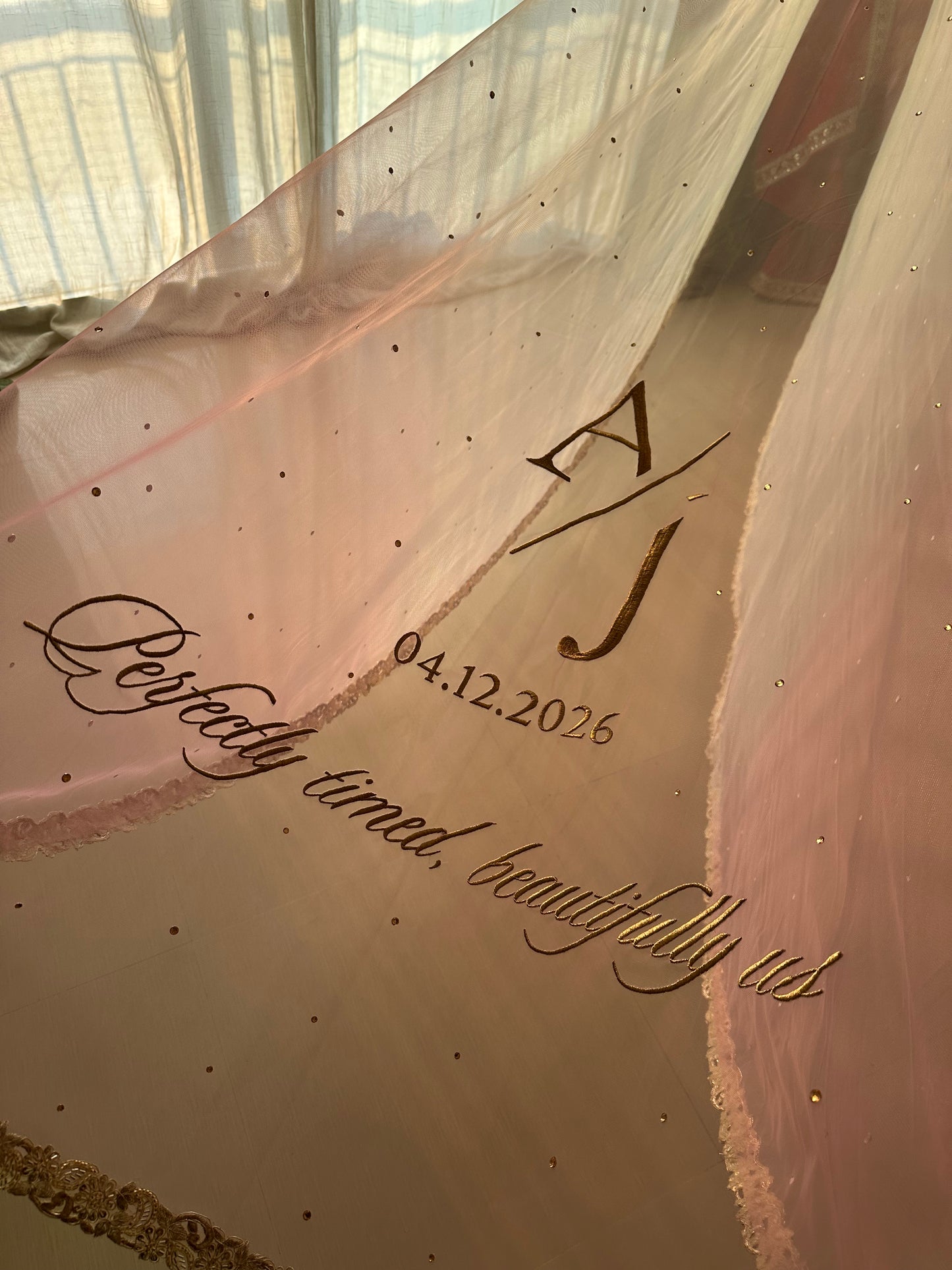 Rosette : An Ombre Blush pink Chapel length Veil with Initials & Quote