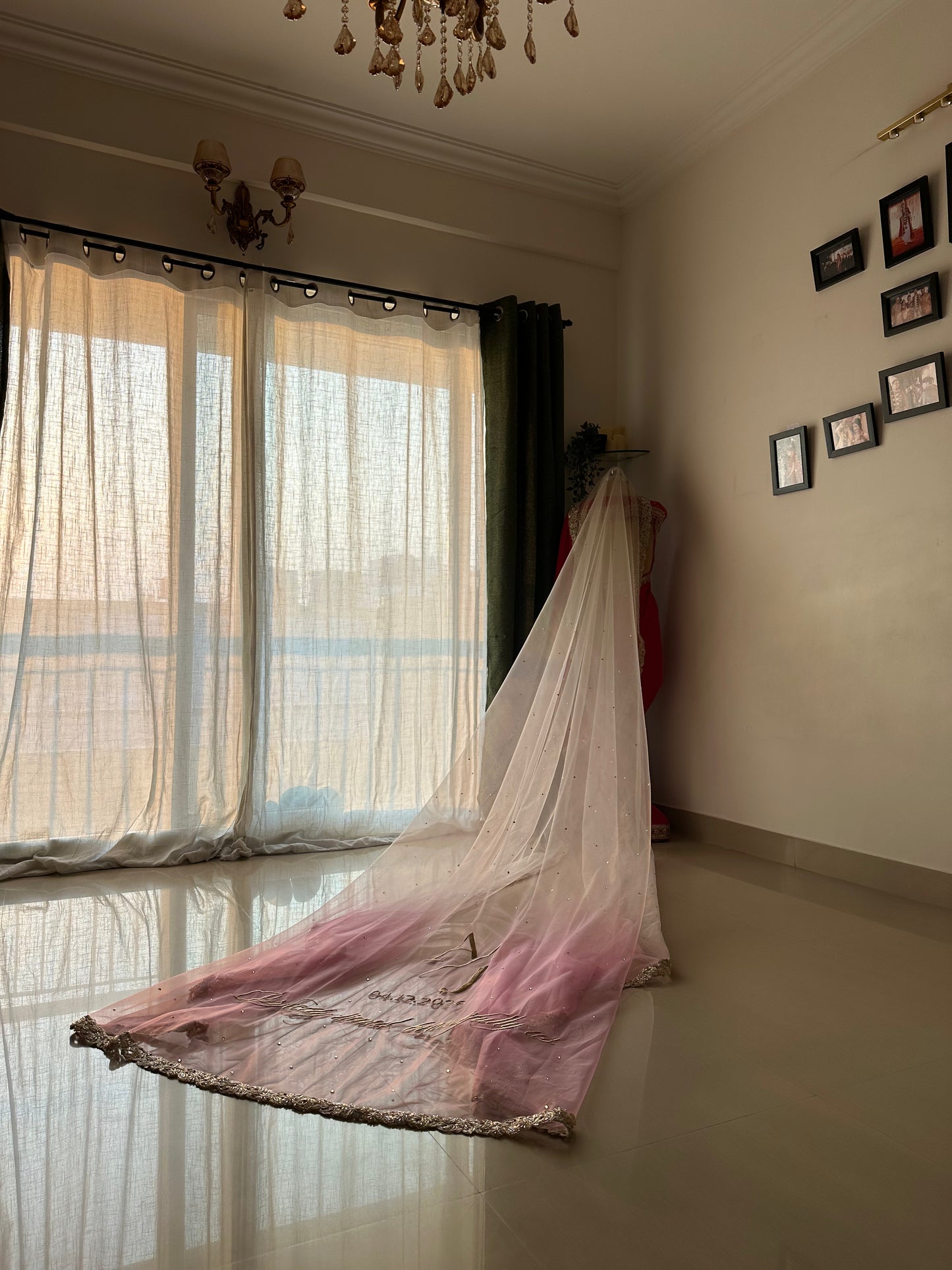 Rosette : An Ombre Blush pink Chapel length Veil with Initials & Quote