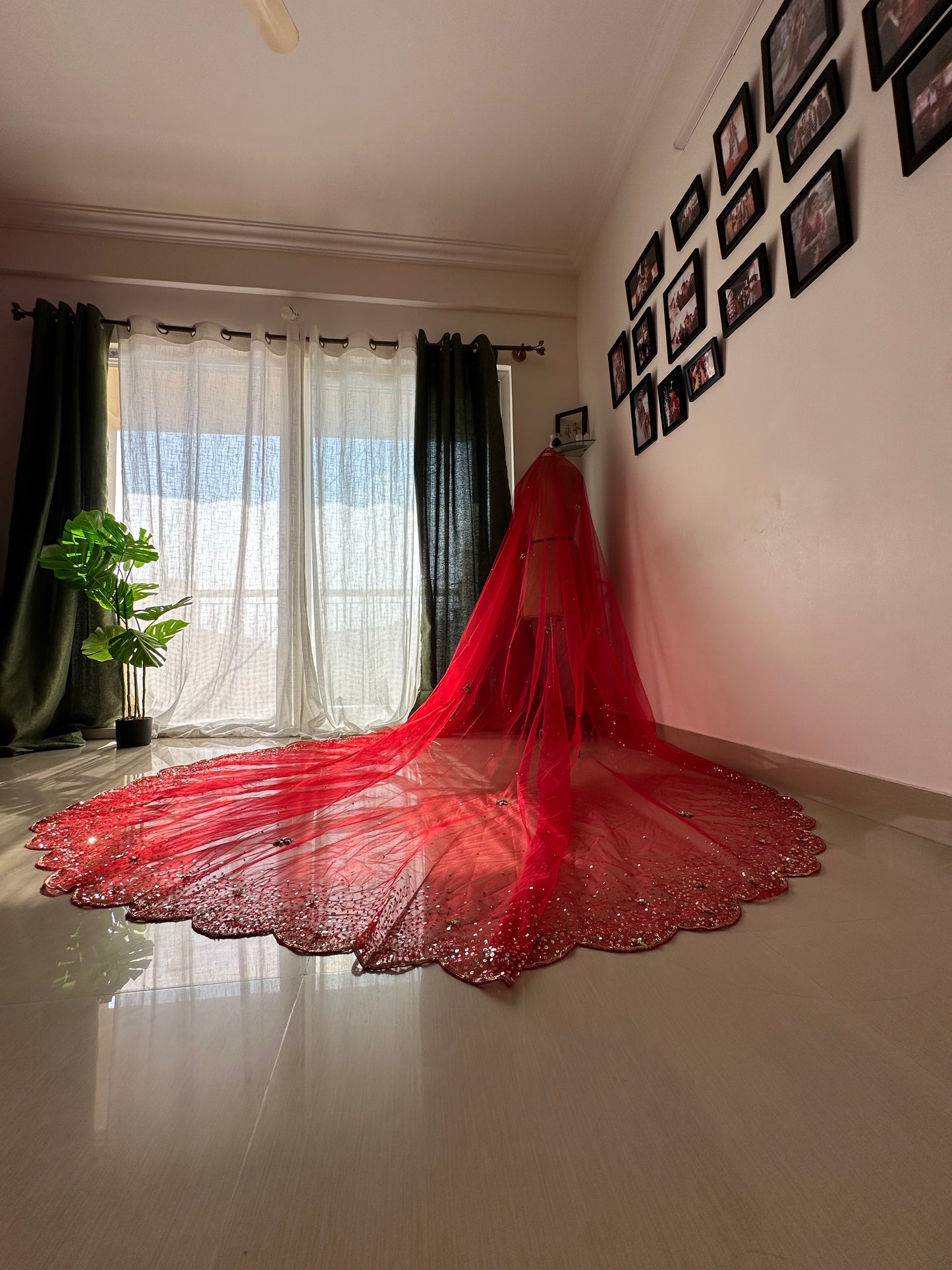 The Scarlet Solstice – Hand Embroidered Red Sequin Veil with Ombré Borders