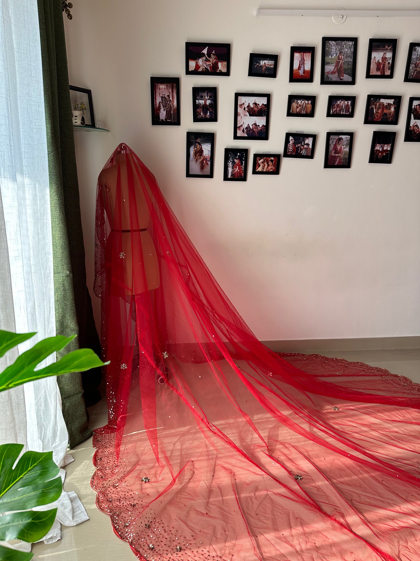The Scarlet Solstice – Hand Embroidered Red Sequin Veil with Ombré Borders