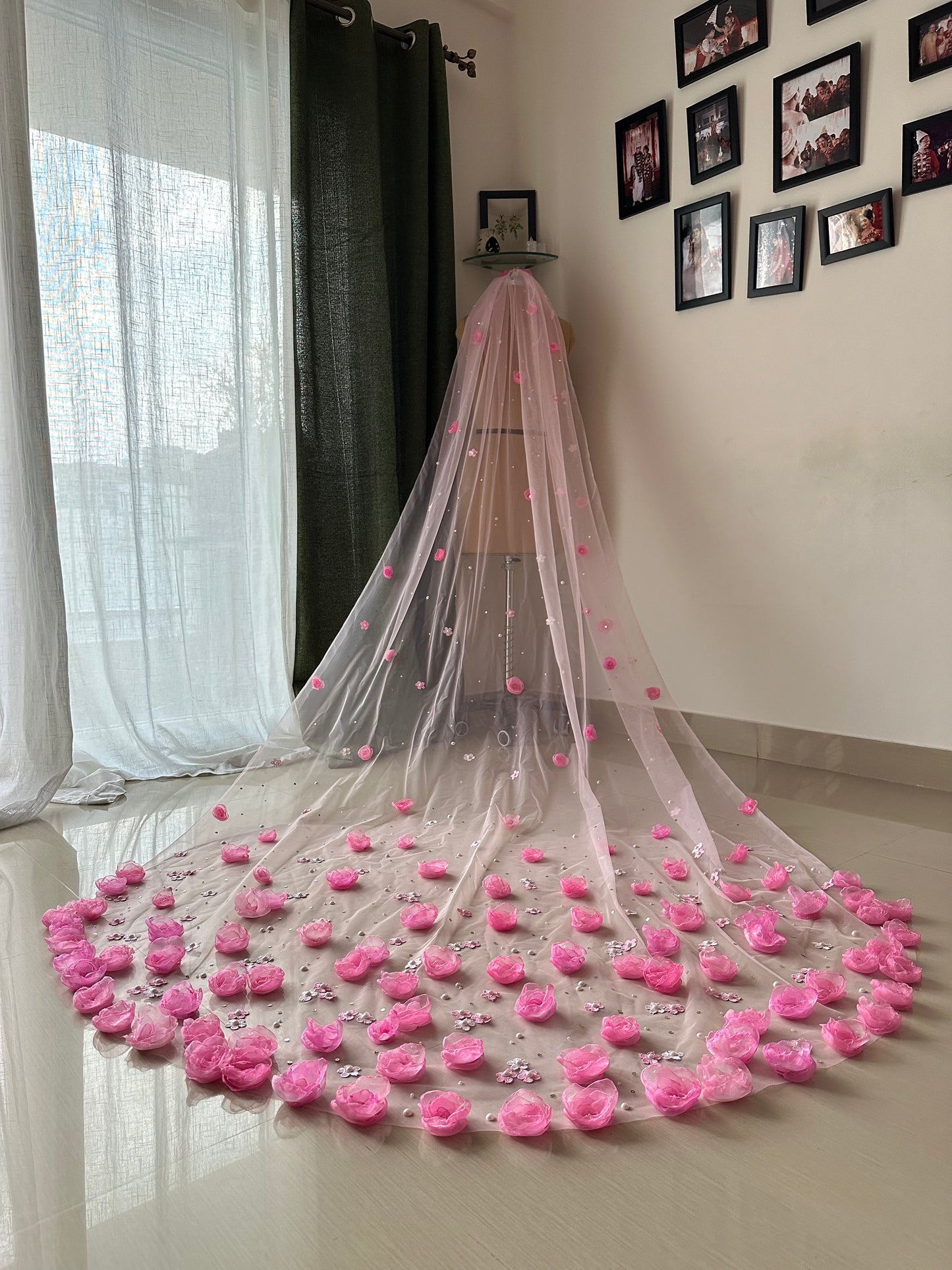 Garden of Dreams – Handcrafted 3D Floral Veil in Blush pink with Pearl Embellishments