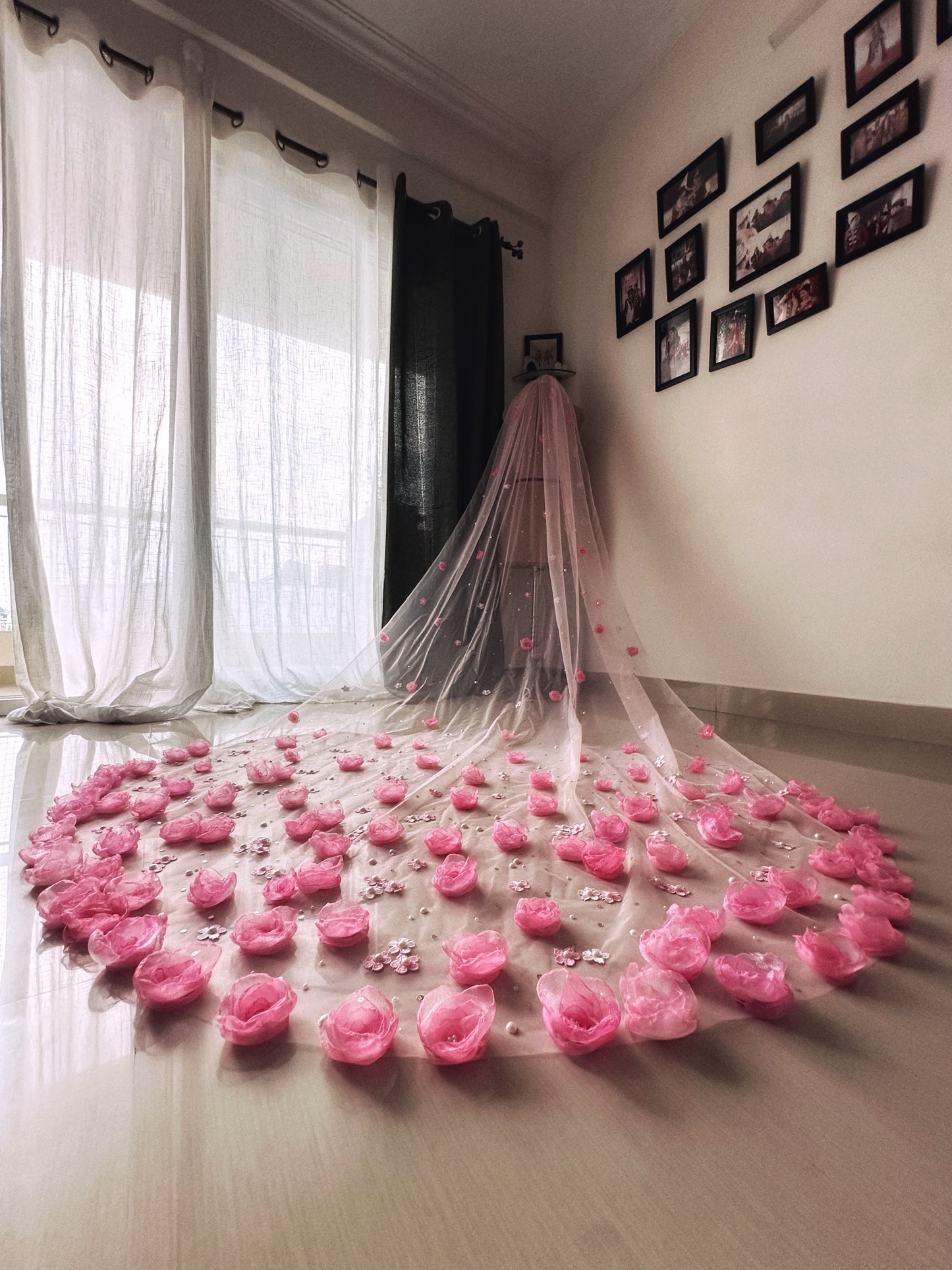 Garden of Dreams – Handcrafted 3D Floral Veil in Blush pink with Pearl Embellishments