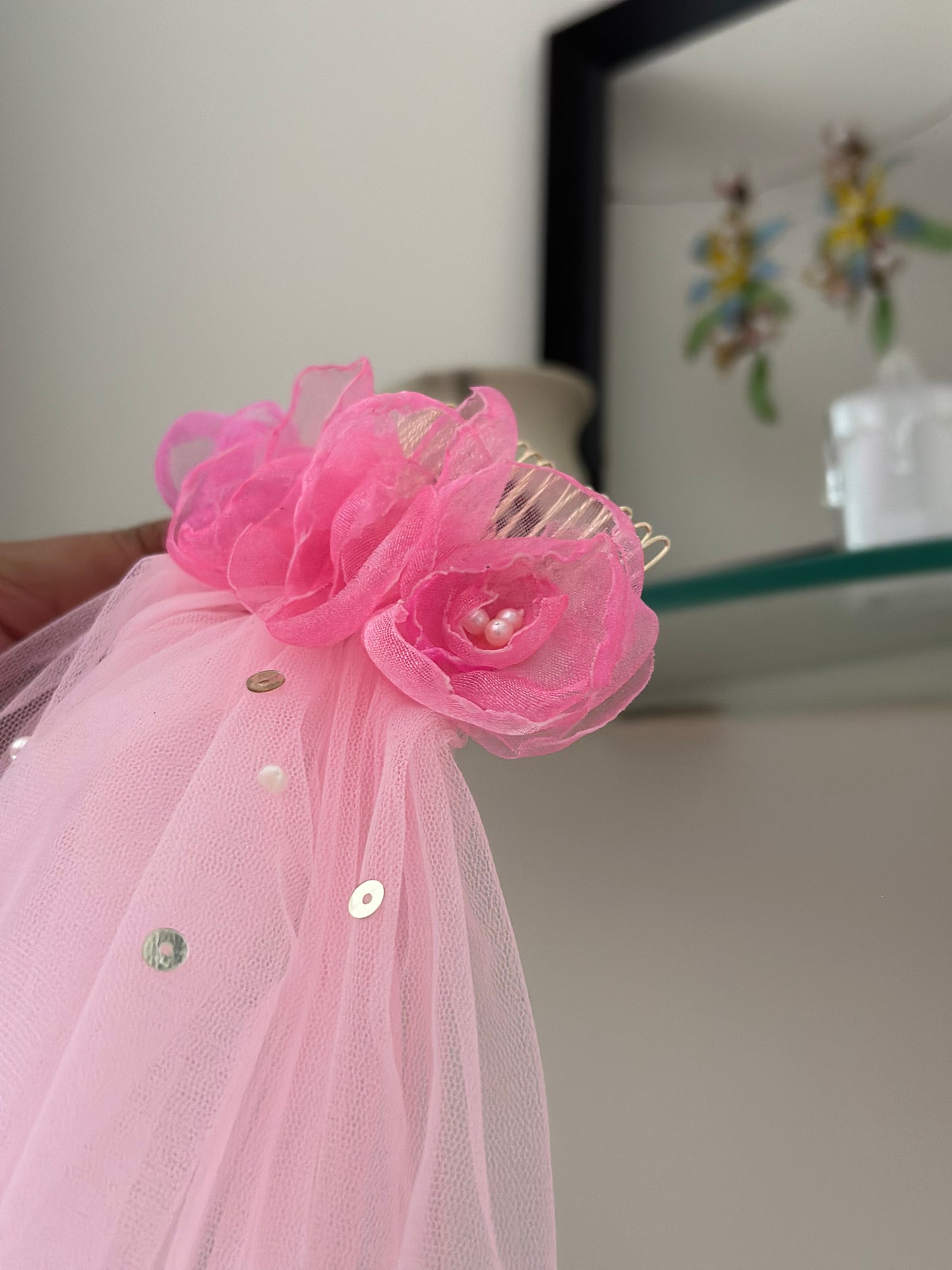 Garden of Dreams – Handcrafted 3D Floral Veil in Blush pink with Pearl Embellishments